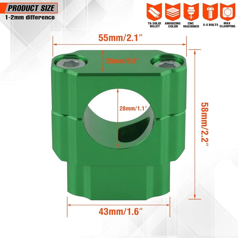 fewfuss Universal Dirt Bike Handlebar Mounts- Motorcycle Handlebar Riser Mounting Kit 1-1/8" Green - Image 3
